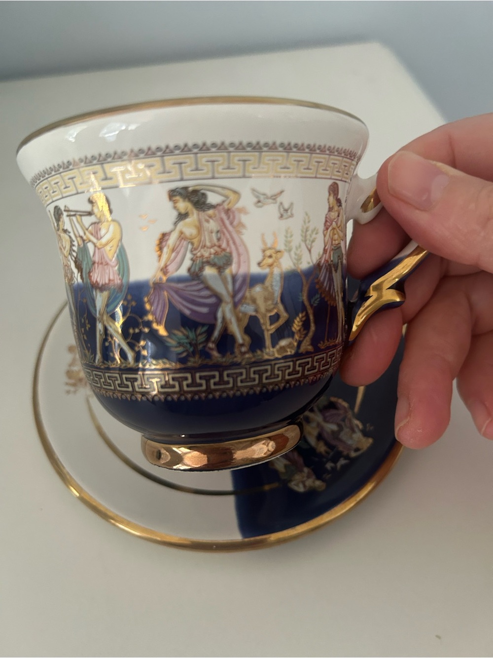 Vintage Gold-Trimmed Cobalt Blue Greek  Scene Tea Cup & Saucer - Picture 2 of 10